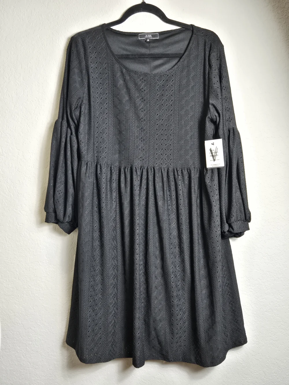 NWT Plus 1X Black Eyelet Babydoll Mini Dress Puff Sleeve Boho Cottagecore - Picture 8 of 9